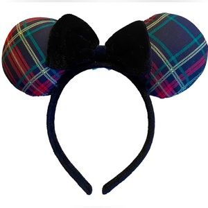 Disney Minnie Mouse Plaid Ears Velvet Velour Headband Holidays Christmas Black